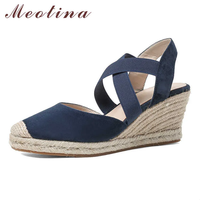 Meotina Espadrille Wedge Wysokie obcasy Pompy Slingbacks Kobiety Buty Kid Zamszowe Okrągłe Footwear Obuwie Lady Lato Przyczynowe Buty Morelowy 210608