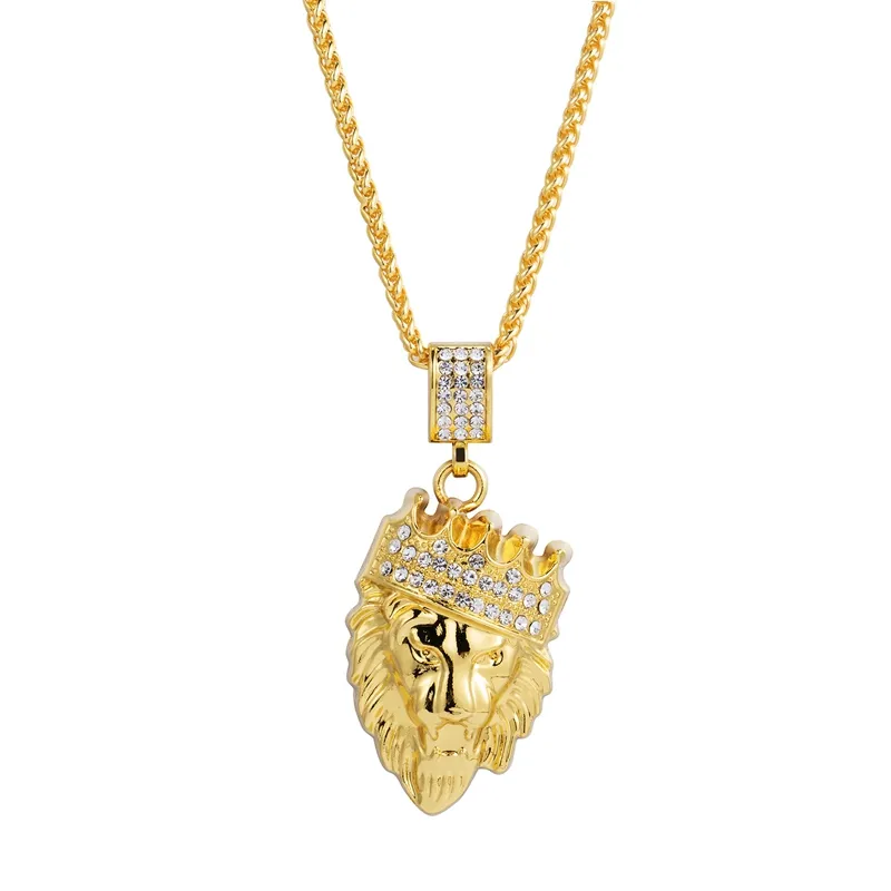 Collier Hip Hop en or pour hommes, chaîne à maillons cubains, tête de Lion, couronne de roi, pendentif, bijoux à la mode, 5986345