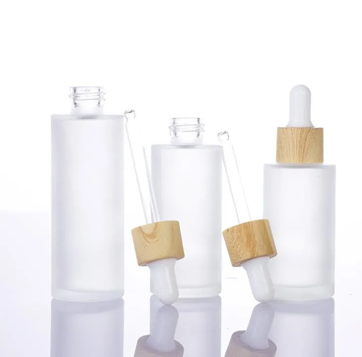 Natural Bamboo Caps Frosted Glass Dropper Bottles with Empty Essential Oil Packaging Container 20ml-100ml SN3302