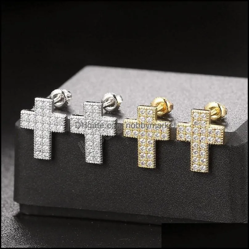Unisex Fashion 18k Yellow White Gold Plated Full CZ Screwbacks Cross Studs Earrings for Men Women Nice Gift