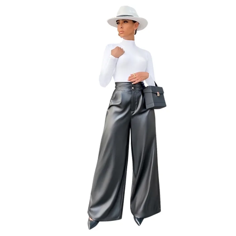 女性ワイドレッグハイウエストPUレザーパンツカジュアル包帯ルーズフィットズボンポケットフロントジッパーファッションオフィスレディストリートウェア210525