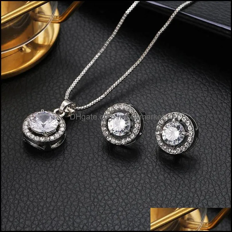 Earrings & Necklace 3Pcs/set Jewelry Sets Ladies Elegant Round Waterdrop Rhinestone Pendant Hook For Women Wedding Set