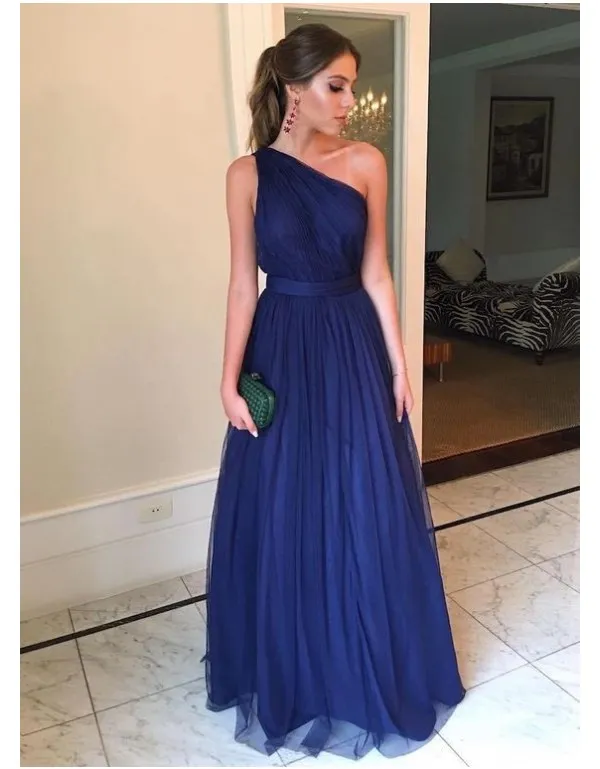 Navy Blue One Shoulder Cobalt Blue Prom Dress With Peated Tulle Ribbon