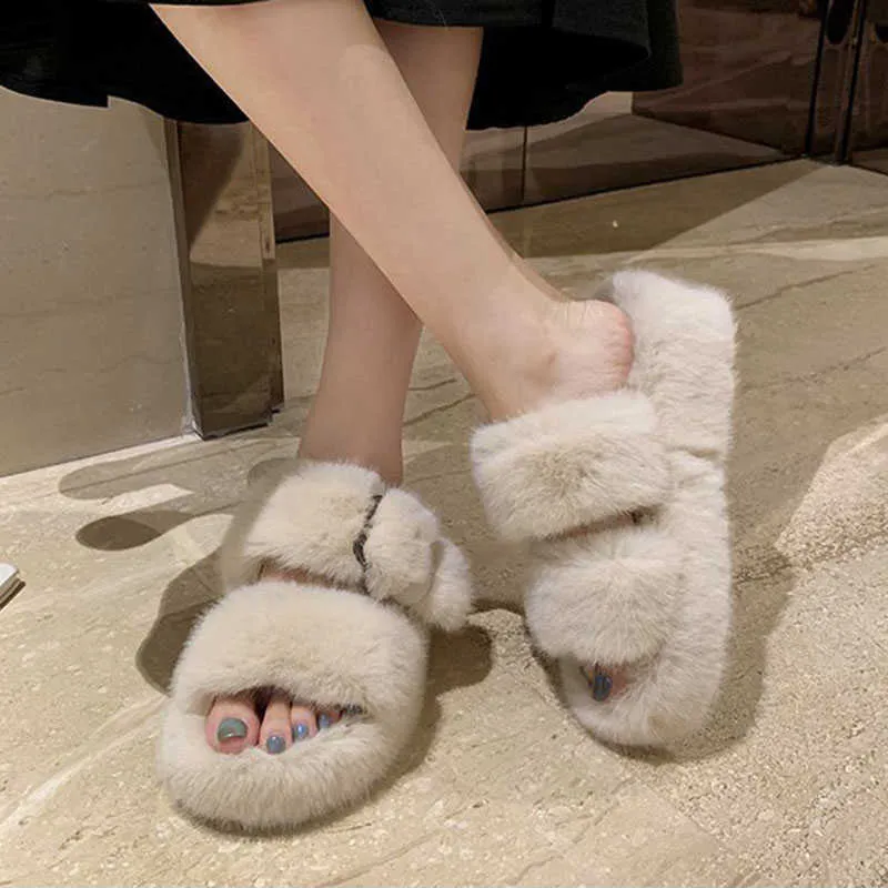 Double bande boucle pantoufles moelleuses femme lapins fourrure coins talons diapositives outwear fourrure talons hauts pantuflas plate-forme chaussures femmes H0914