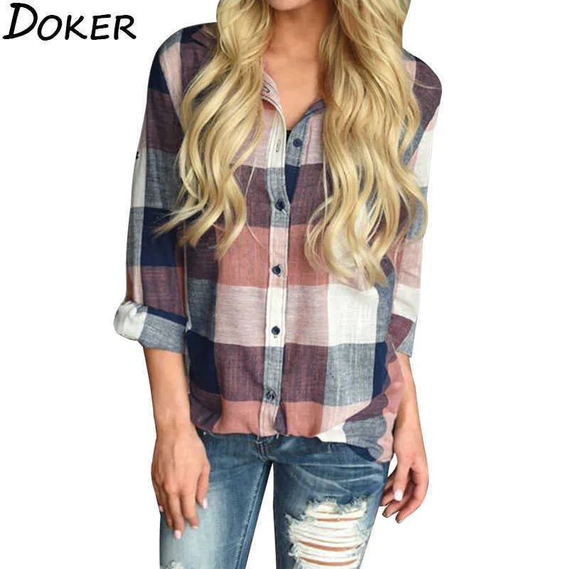 Womens Plaid Top Plus Size Kleding Turn Down Collar Lange Mouw Vrouw Shirts Streetwear Dames Tops en Blouses 210721