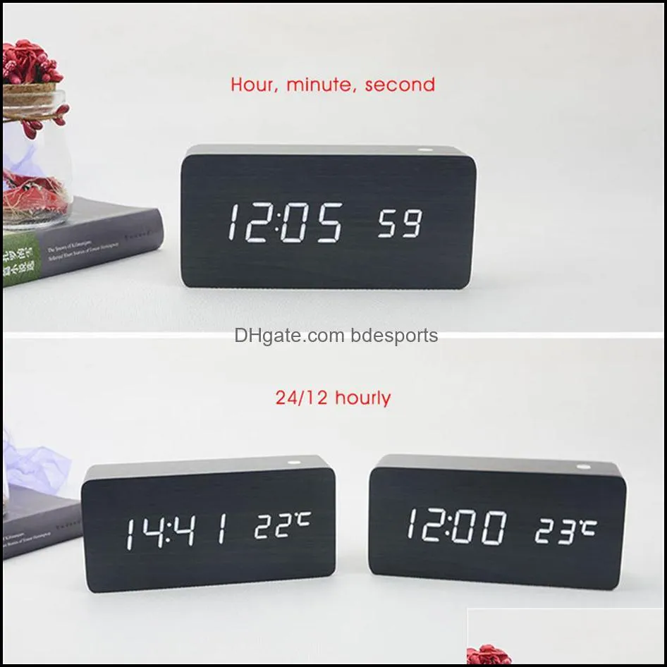 US stock LED Wooden Digital Alarm Clock With USB Charging Ports Black a18