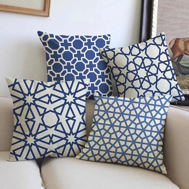 Blue Geometric Stripes Cushion Cover Pillow Geometry Flower Pattern Cotton Linen Home Decoration Sofa Throw Case Cushion/Decorative