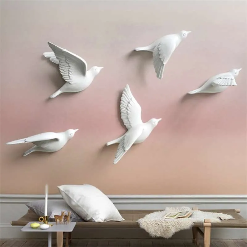 Oiseaux blancs Dcor mur dans les autocollants muraux 3D oiseaux décoration jardin salon chambre d'enfant décoration figurine nordique miniatures 210929