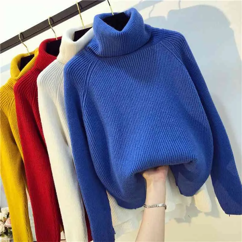 Niebieski Dzianiny Swetry Swetry Kobiety Koreański Ciepły Turtleneck Z Długim Rękawem Casual Luźna Knitwear Jumper Jesień Zima 210805