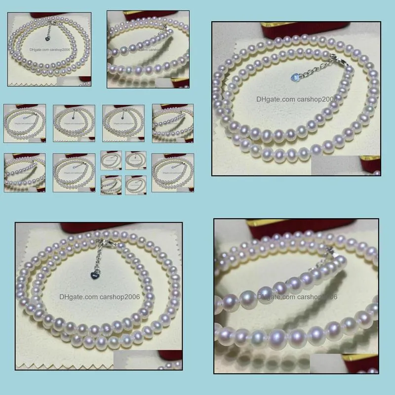 9-10mm White Natural Pearl Beaded Necklace 18inch 925 Silver Clasp Women`s Gift Jewelry