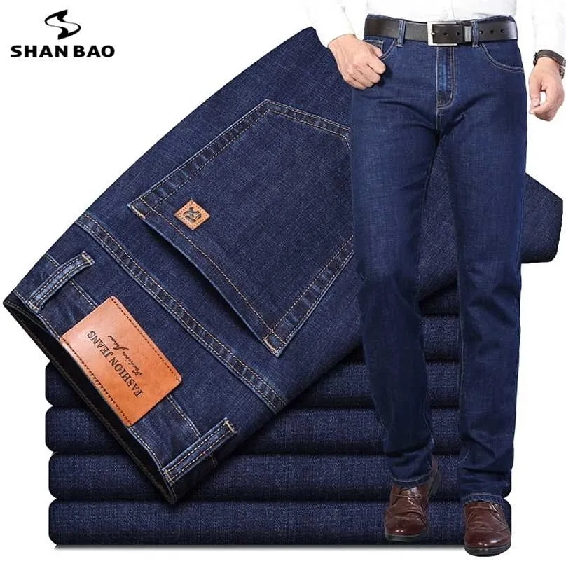 SHAN BAO Autumn Classic Fitted Straight Stretch Denim Jeans Style Leather Youth Men's Business Casual Brand 211111