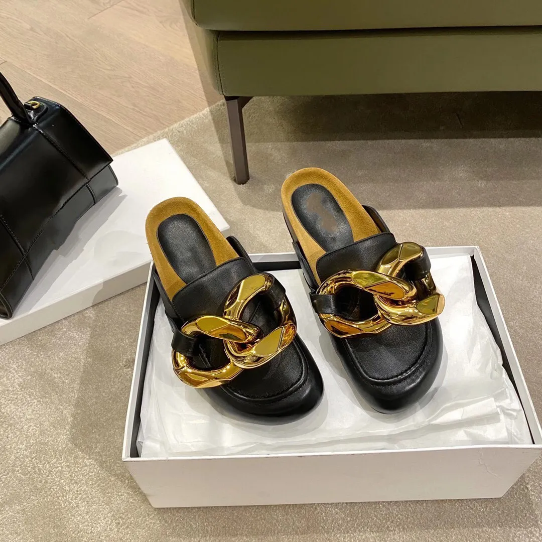 Designer Womens Loafers Mules tofflor London Brand JA Sandals äkta läderstövlar Träbotten Flat -klackar Slides Gold Chain Slipper Luxurys Designers Shoes