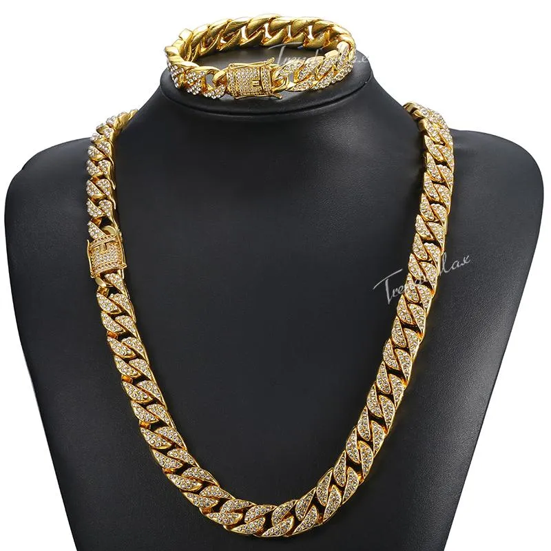 Earrings & Necklace Gold Jewelry Set For Men Miami Curb Cuban Link Chain Bracelet Iced Out Men's Woman Gift 14mm HGS262