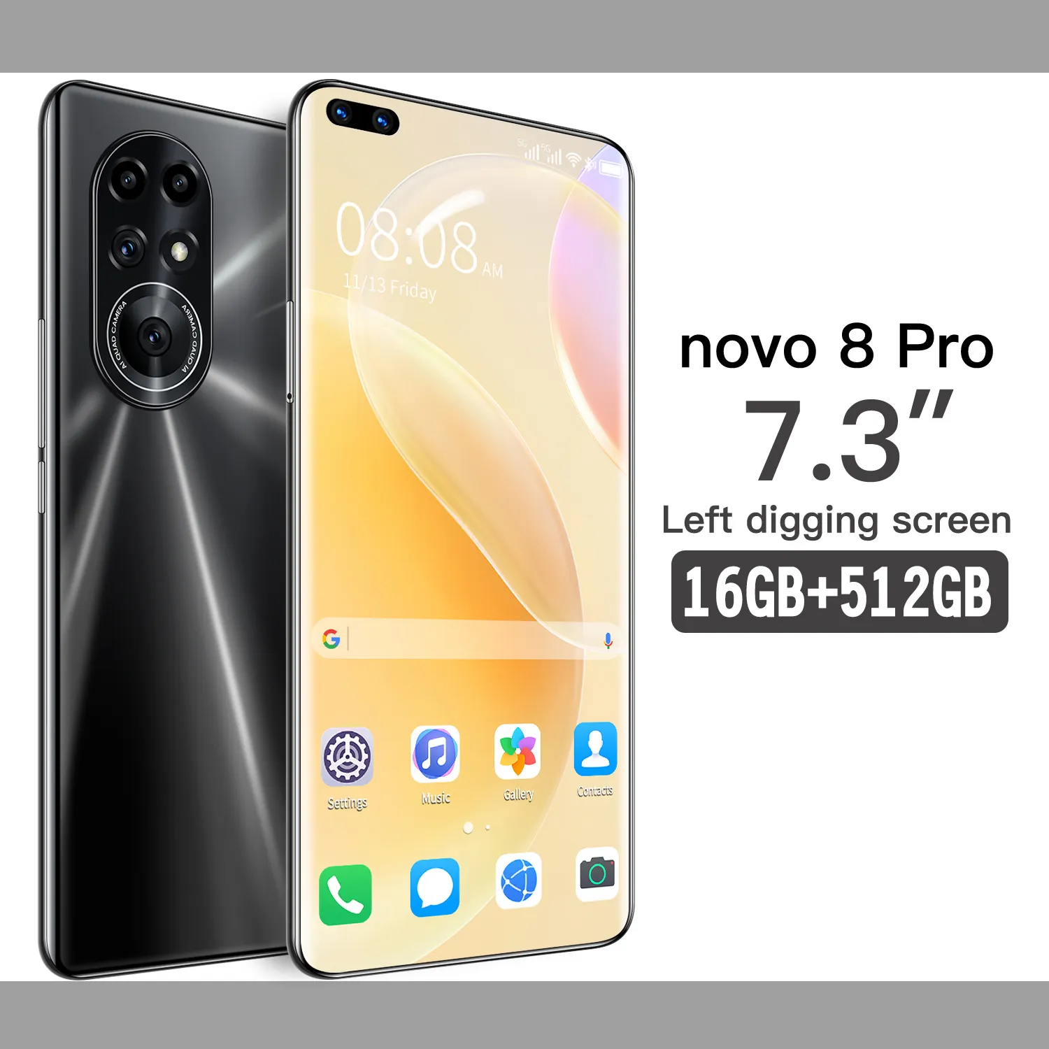 نسخة جديدة الهاتف Novo8Pro 5G 7.3 بوصة الهاتف الذكي 6800MAH فتح الإصدار العالمي 24MP + 48MP 16GB + 512GB الهواتف المحمولة