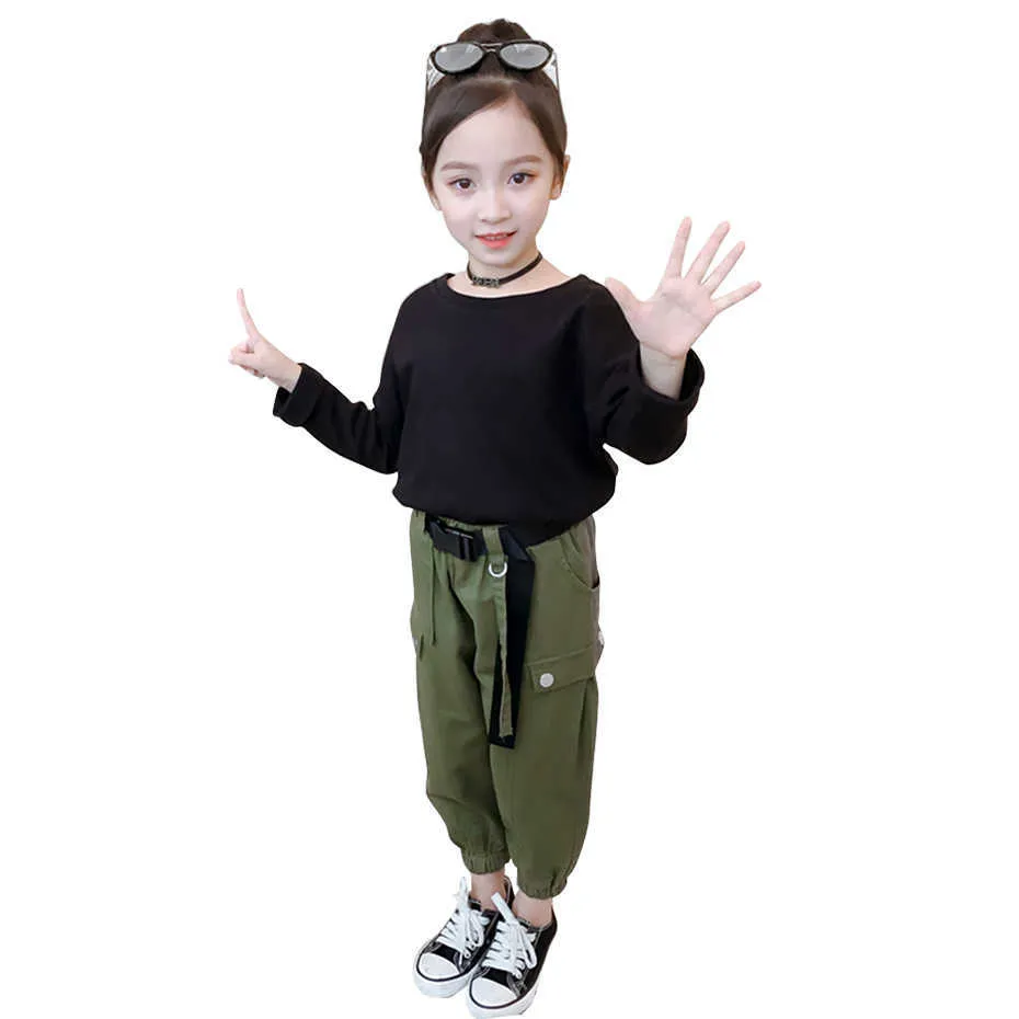 Teen Girls Clothing Tshirt + Cargo Pants Costume For Casual Style Tracksuit Girl Spring Autumn Tracksuits Children 210528