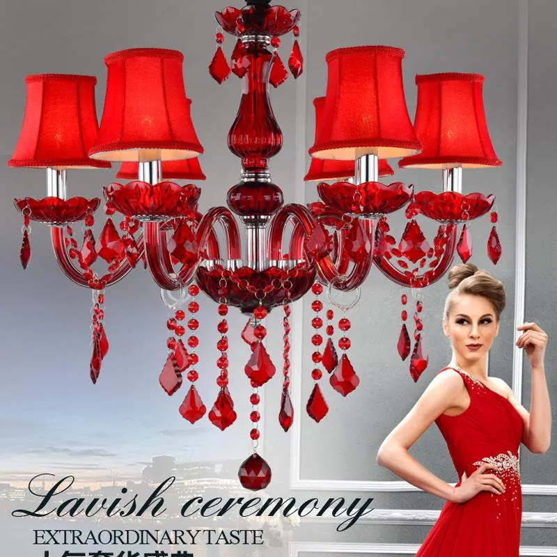 シャンデリアファッション高級ヨーロッパモダンなシャンデリア照明レッドガラス光沢クリスタルライトホーム