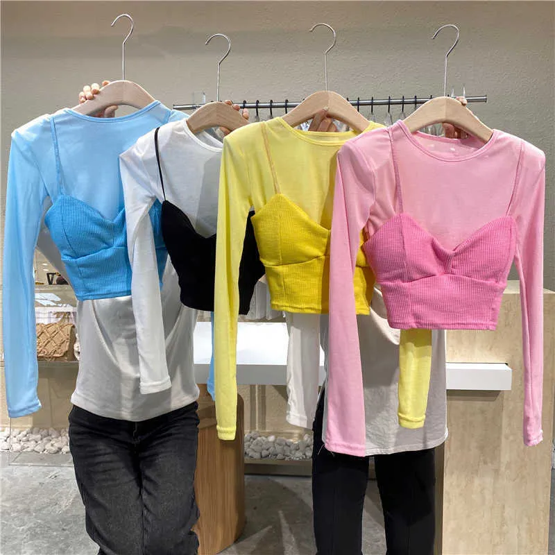 Cukierki Kolor Koreański Chic Słodki O Neck Z Długim Rękawem Powrót Hollow Out Tshirts See-przez Dolne Koszulki Topy Sexy Slim Camisole 210610