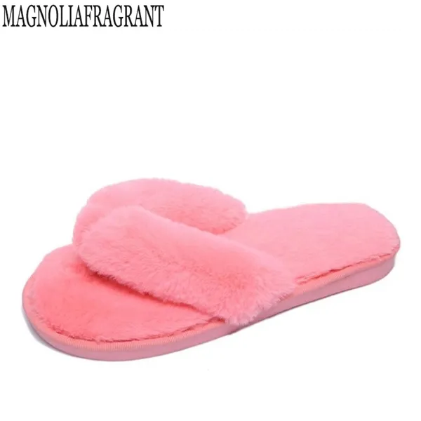 2020 Ny plusstorlek 36-41 Vinter Mode Kvinnor Hem Tofflor Faux Fur Varma Skor Kvinna Slip på lägenheter Kvinna Fur Flip Flops C127 Y1120