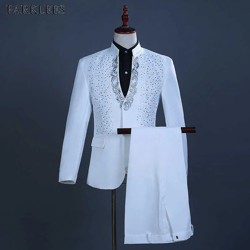 Blanc Brodé Diamant Costume Hommes De Mariage Marié Tuxedo Costumes Hommes Col Montant Costume De Scène De Bal Costumes Pour Hommes Avec Pantalon Ternos X0909