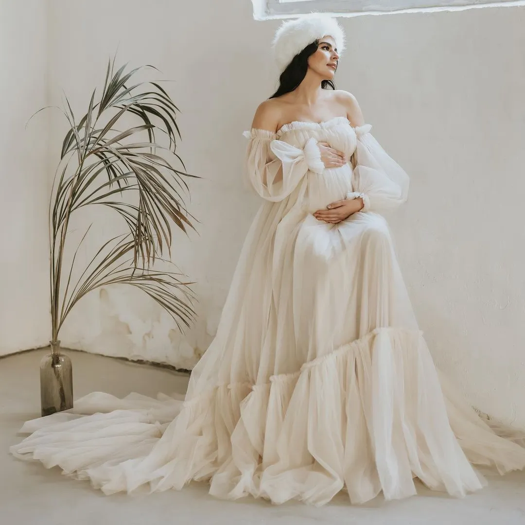 white long sleeve off the shoulder maternity dress Pretty Perfect | White Maternity Ruched Mesh Bardot Maxi Dress