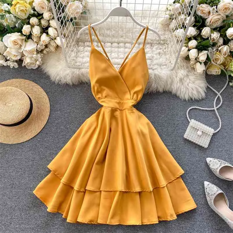 Sommar Kvinnors Klänning Koreansk Stil Retro V-Neck Halter Midja Kort Dubbelskikt Ruffled Sling Kvinna ES 210507