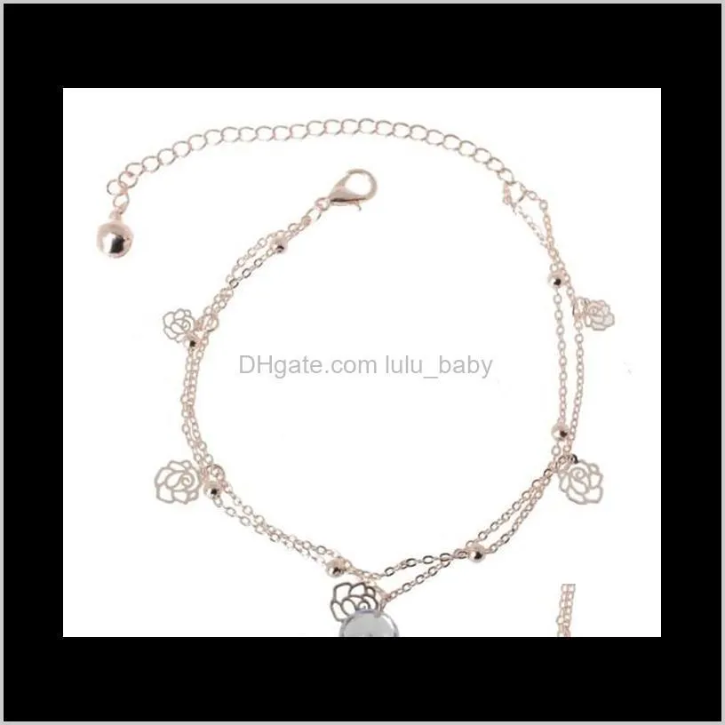 Women Ankle Chain Gold Tone Cut Out Rose Rhinestone Ankle Bracelets Anklets Barefoot Sandals Womens Jewelry