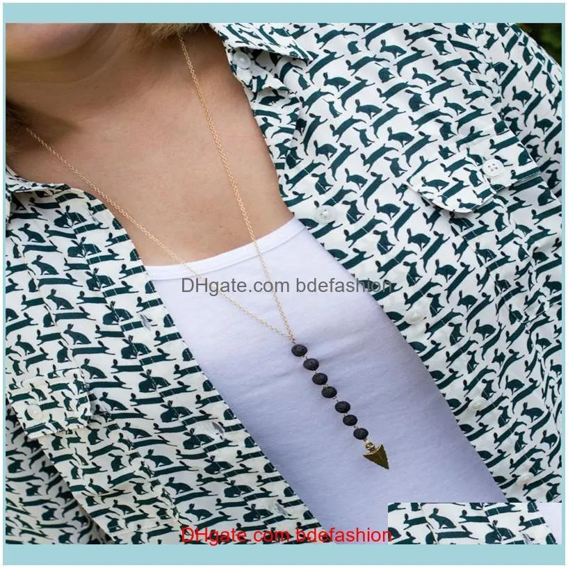 New Lava Rock Bead Arrow Tassel Long Necklace For Women Black Lava Pendant Necklaces Jewelry For Women Silver Gold Color