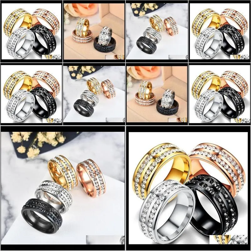womens mens fashion double rows rhinestones titanium steel wedding jewelry ring