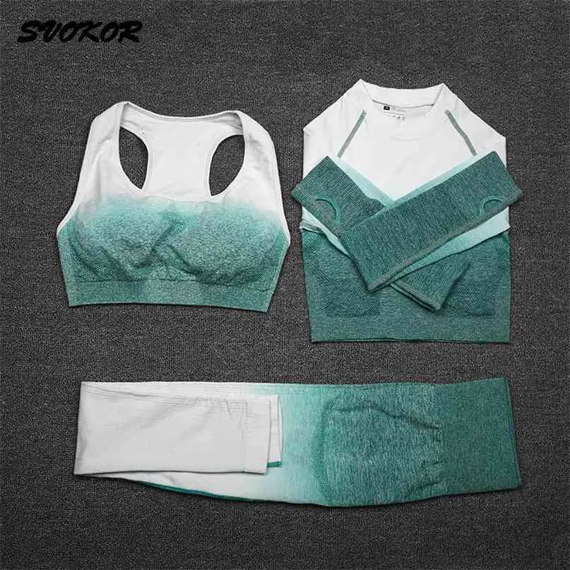 SVOKOR Gym Seamless Yoga Set Workout Fitness Clothing Sport Wear Women Gradient Crop Top Sports Bra Leggings Suit Female 210813