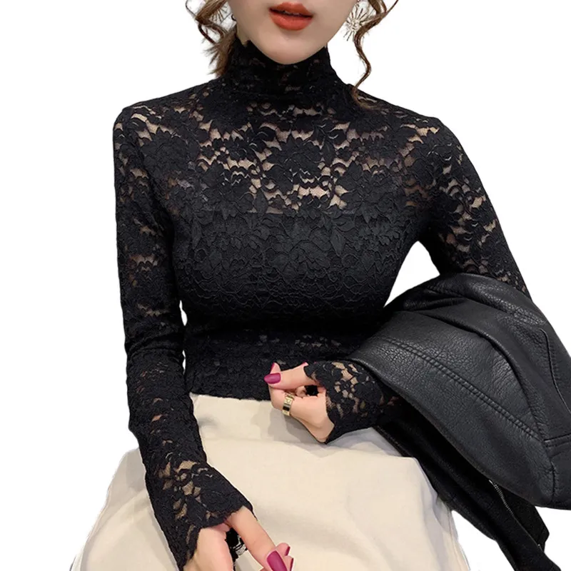 Autumn Women Thin Black Lace T shirt Sexy Turtleneck Long Sleeve Slim Lace Crochet Patchwork Tee Tops 210518