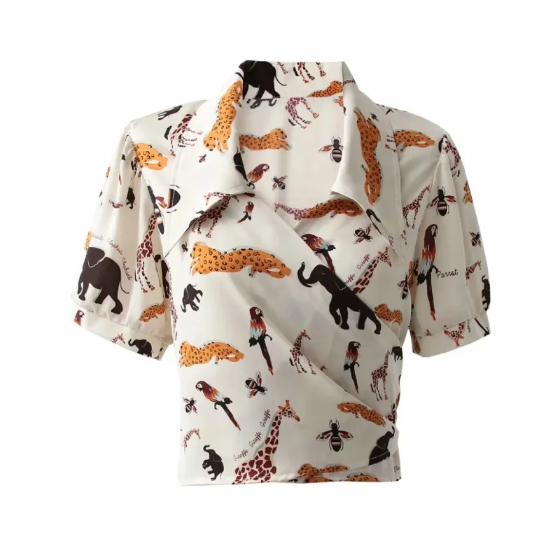 Sommar Kvinnor Animal Printing Wrap Short Shirt Kvinna Puff Sleeve Blus Casual Lady Loose Crop Tops Blusas S8963 210430