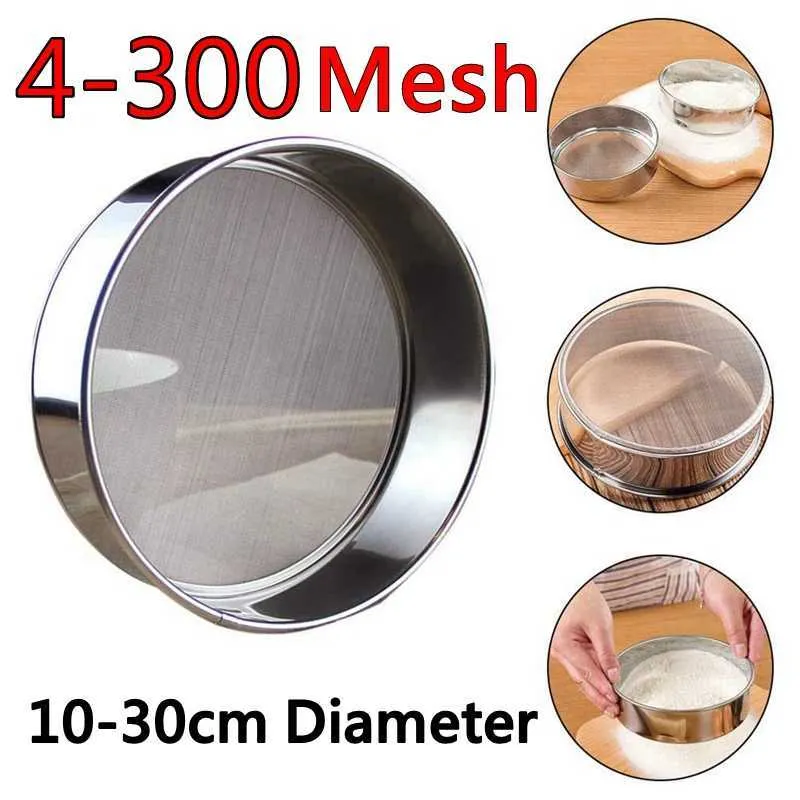 4-300M Round 304 Stainless Steel Flour Sieve Kitchen Food Bean Filter Screen Lab Powder Filter Sieve Strainer Sifter Baking 210626