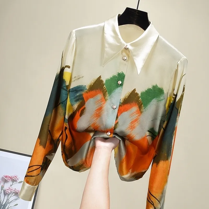 Camisa feminina 2021 primavera nova chegada pintura estampa chiffon blusa manga longa elegante modis tops 210317