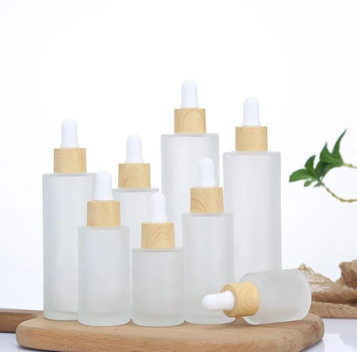 Natural Bamboo Caps Frosted Glass Dropper Bottles with Empty Essential Oil Packaging Container 20ml-100ml SN3302