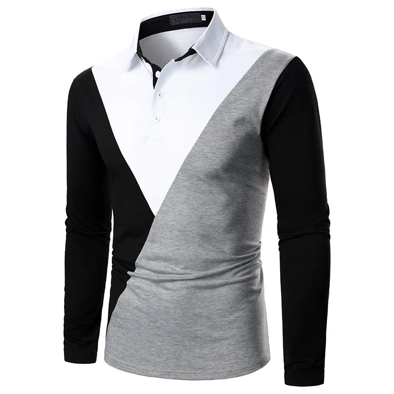 Diagonal Patchwork Polos Hommes Marque À Manches Longues Para Hombre Casual Slim Streetwear Respirant Polo À Séchage Rapide Homme 210524