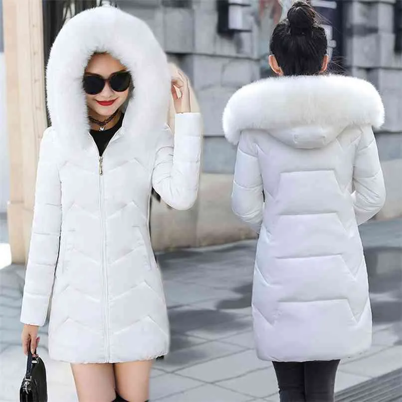 Vita kvinnor vinter hooded varm kappa päls krage avtagbar bomull vadderad jacka kvinnlig lång parka kvinna wadded jaqueta feminina 210913