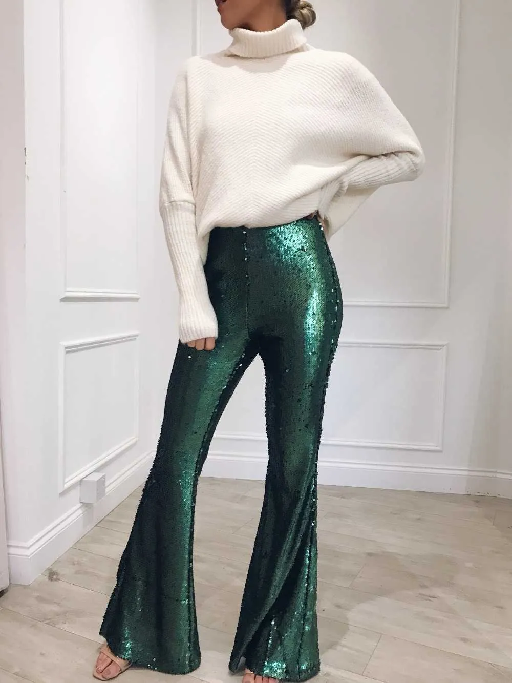 Sequin Mode Broek Dames Sparkle Metallic Spring Slanke Flare Hoge Taille Broek Vrouwelijke Potlood Bottoms Mujer Pants Q0801