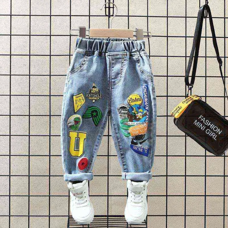 Baby Boys Byxor Kids Jeans Barnflickor Cartoon Print Denim Trousers 2 3 4 5 6 7 8 år Vår Höst 2022 Nya barns jeans G1220