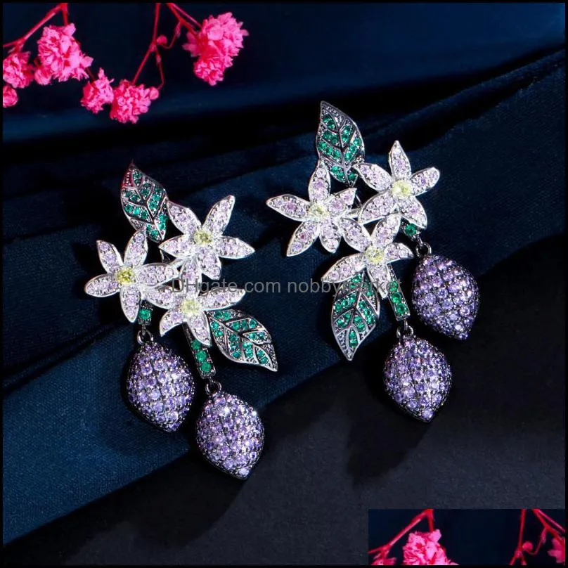 Dangle & Chandelier CWWZircons Creative Unique Design Purple Green CZ Crystal Long Drop Earrings For Women Engagement Bohemian Plant