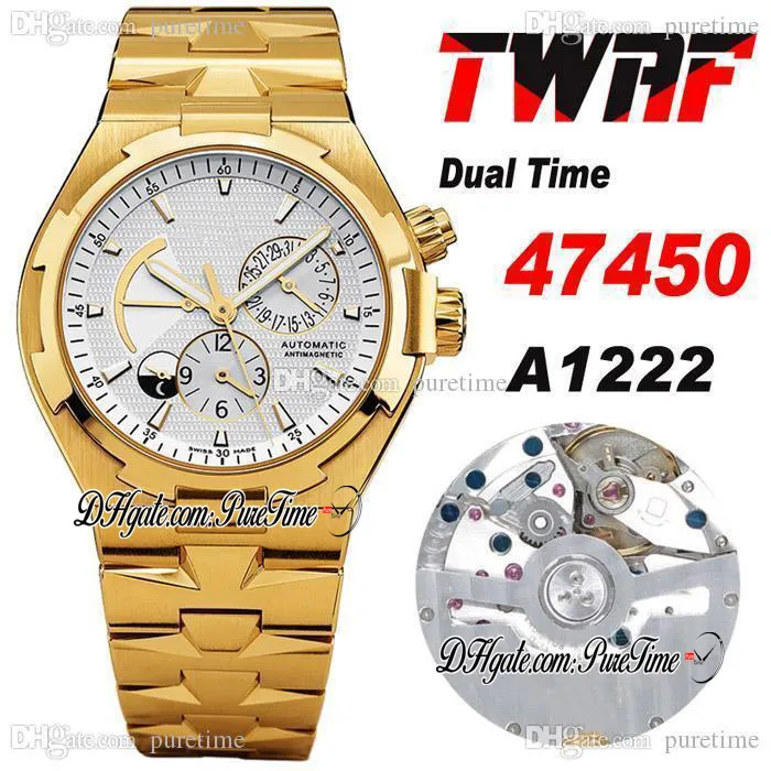 TWAF Overseas Dual Time 47450 A1222 Automatic Mens Watch 18K Yellow Gold Power Reserve Silver Dial Stick Stainless Steel Bracelet Super Edition Watches Puretime D4