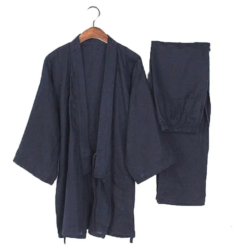 Ethnic Clothing Kimono Haori Yukata Men Traditional Japanese Pajamas Set Cotton Robe Pants Nightgown Japan Style Soft Gown Sleepwe279s