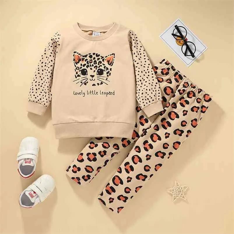 Inverno Crianças Define Casual Manga Longa O Pescoço Impressão Dos Desenhos Animados Cat T-shirt Leopard Calças Cute 2 Pcs Meninas roupas 210629