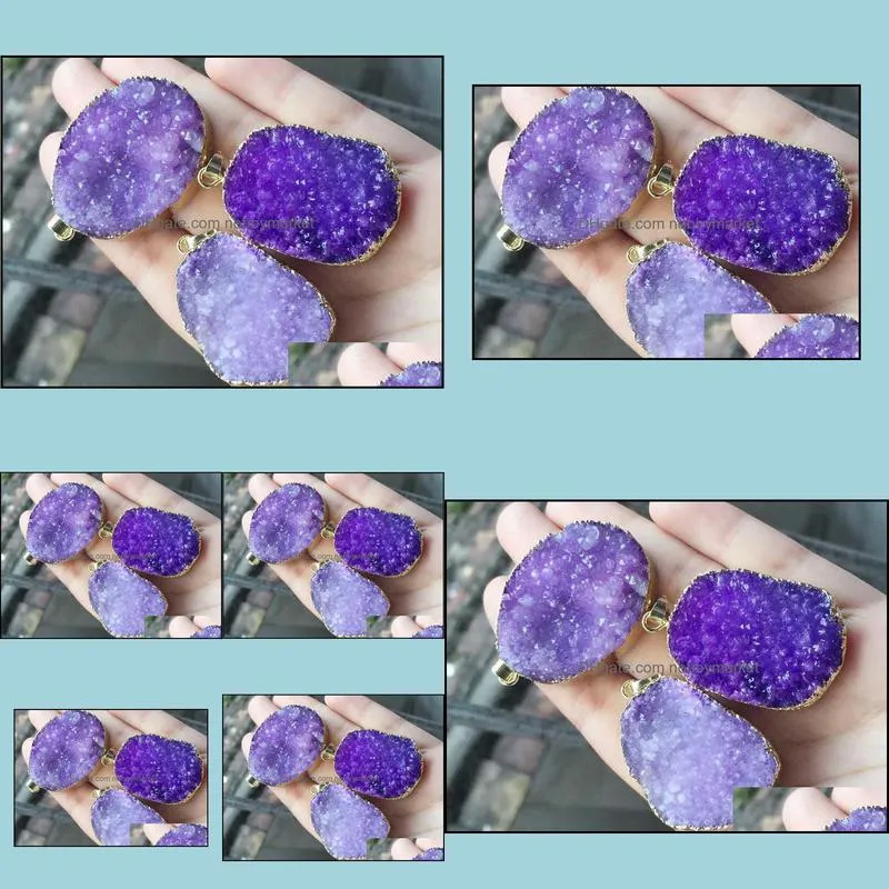 Fashion HOT 6pcs Gold plated Purple Nature Quartz Druzy Geode pendant, Drusy Crystal Gem stone connector Beads, Jewelry findings