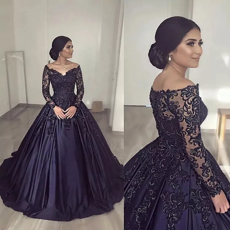 Gothic Black A Line Satin Wedding Dress For Bride 2022 Lace Full Sleeve ...