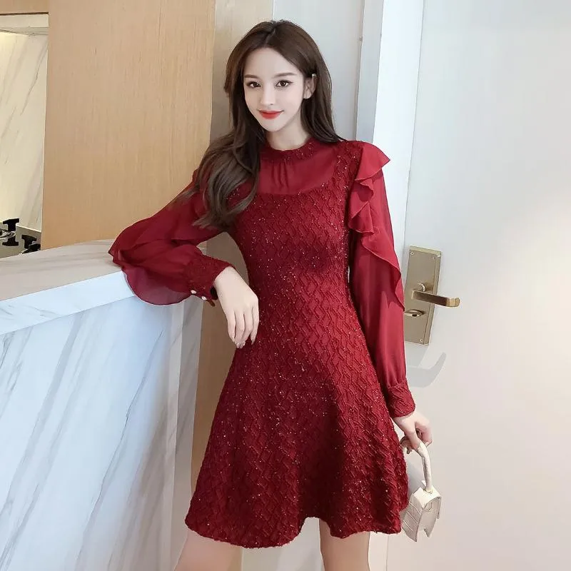 Casual Dresses CoiGarsam 4XL Plus Storlek Patchwork Women One-Piece Dress Korean Chiffon Black Bordeaux Red 967