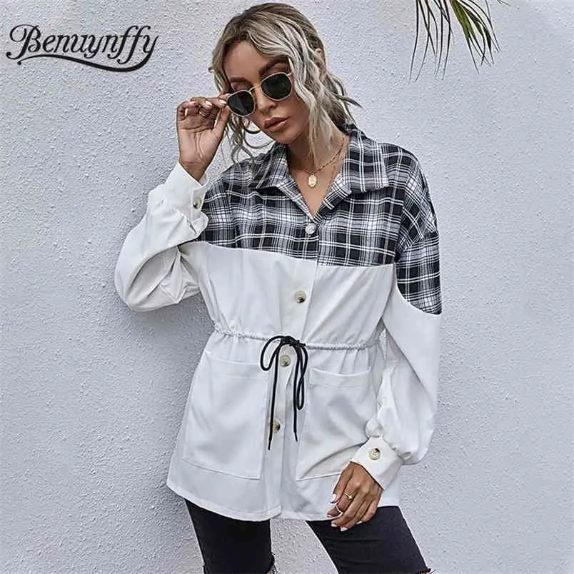 Button Plaid Colorblock Women Coat and Jacket Autumn Pocket Long Sleeve Drawstring Coats White Casual Ladies Outwear 210510