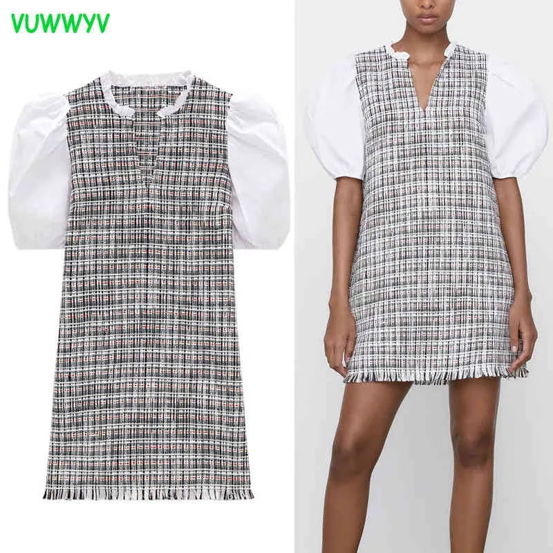 Zomer Patchwork Textured Mini Dress Dames Chic Casual Smock Vrouw Contrast Korte Puff Sleeve Rafed Hem Vestidos 210430