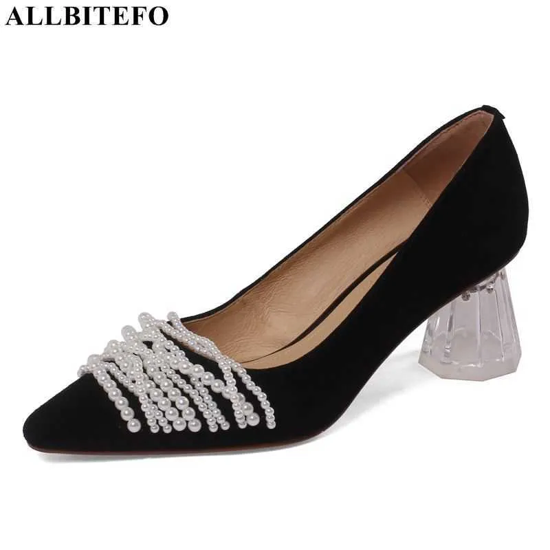 Allbitefo Transparent Heel String Bead Design Sheepskin Äkta läder Högklackat Mode Kvinnor Heels Skor High Heel Shoes 210611