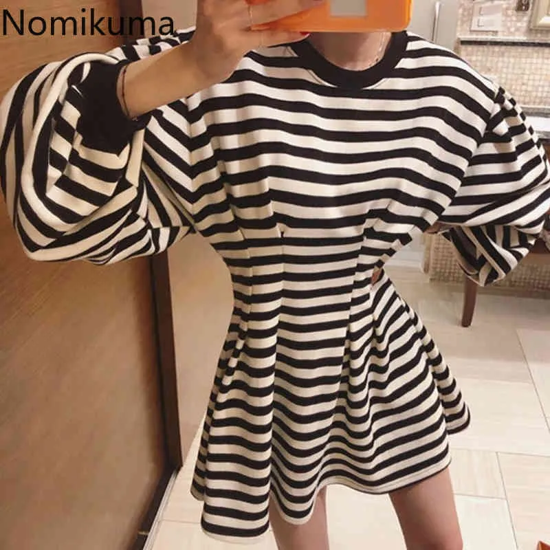 Nomikuma o pescoço longa lanterna manga uma linha vestido mulheres casuais moda cintura alta listrado vestidos feminino vestidos mujer 3a775 210514