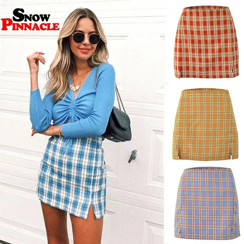 Sommarkvinnor Mini Skirt Plaid Slim High Waist Zipper Paket Hip Fashion Ol Ladies Mini Penna Kjol S-XL 210524